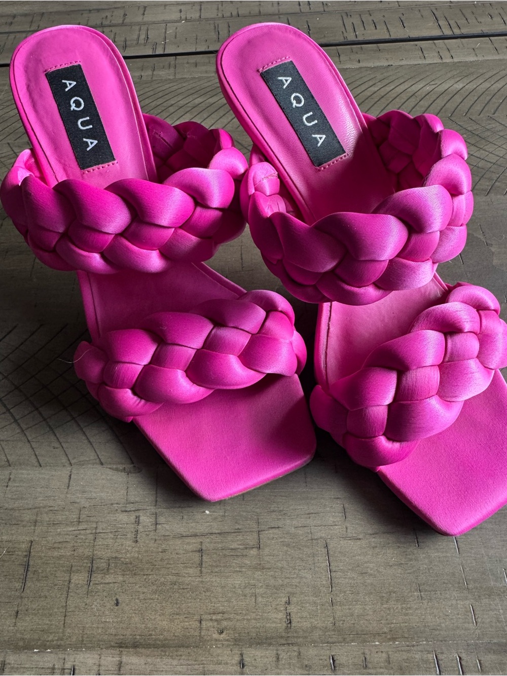 AQUA Hot Pink Braided Satin Double-Strap Heeled Sandals